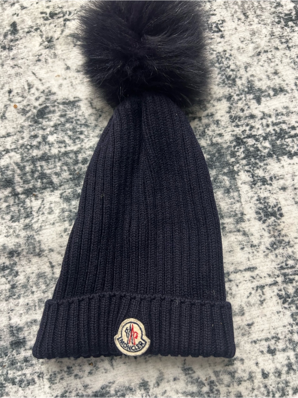 Moncler Black Ribbed Beanie with Fur Pom